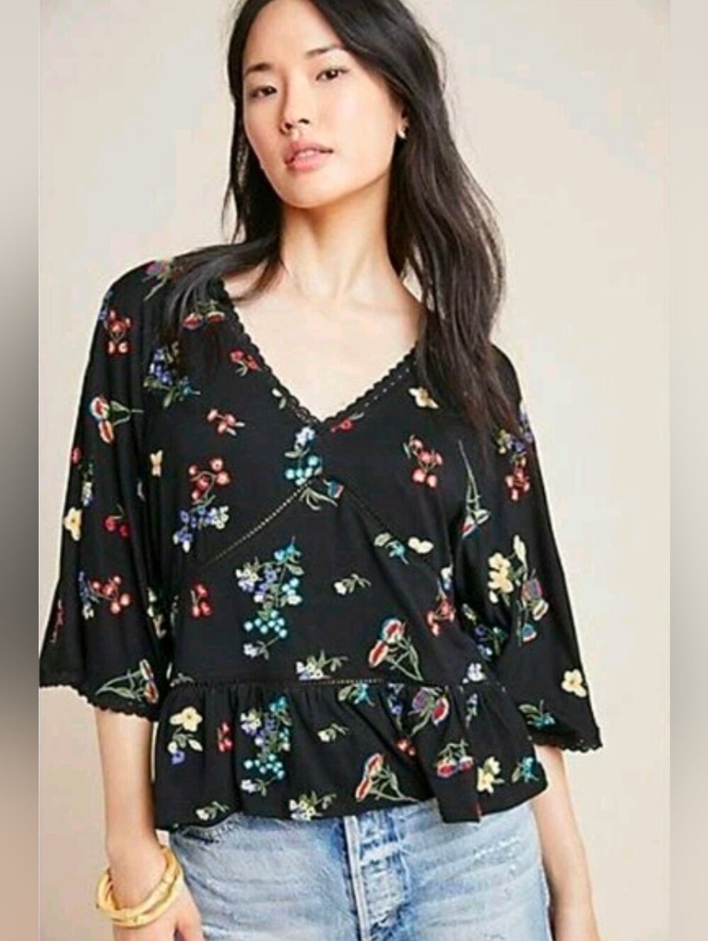 Anthropologie Parvati Floral Cool Blouse Top Embroidered Dolman XS Blouse Top